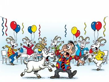 En person på ett kalas blir stångad i ögat av en get mitt i festligheterna.