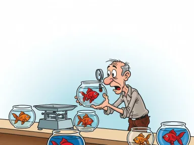 En man undersöker en guldfisk med ett juvelerars förstoringsglas bredvid en tom våg.