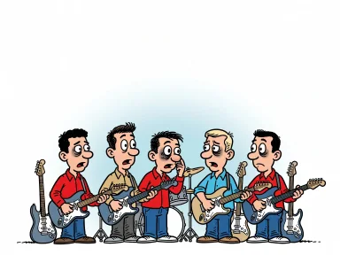 En grupp unga musiker med instrument har svarta ögon efter ett slagsmål.