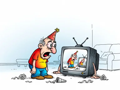 En TV-apparat med partyhatt och confetti som visar samma scen på skärmen som dagen innan.