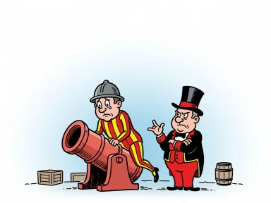 En ledsen artist i randig dräkt flyger ut ur en cirkuskanon medan en arg cirkusdirektör står bredvid med armarna i kors.