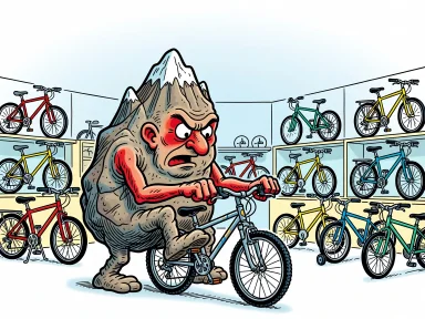 Ett berg provar en mountainbike inne i en cykelaffär.