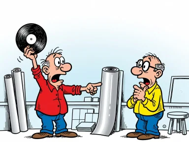 En kund i en golvbutik håller upp en vinylskiva och pekar på en rulle golvvinyl.