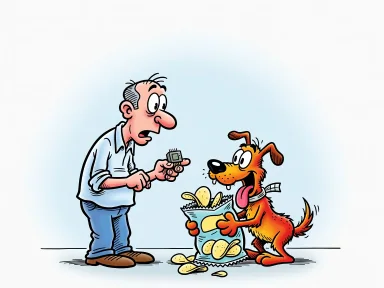 En man tittar förvirrat på sin hund med plåster på halsen som kramar en stor påse chips.