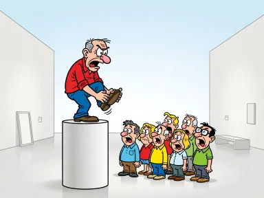 En tecknad person står som en staty på en sockel i ett konstmuseum och håller om sin ömma fot.