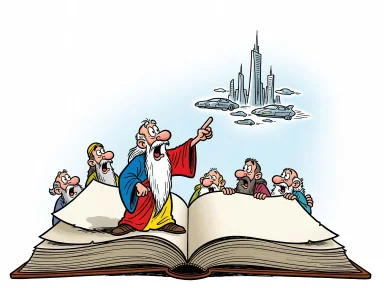 En skäggig profet i mantel står inne i en stor öppen historiebok och pekar mot en vision av flygande bilar och höga torn.