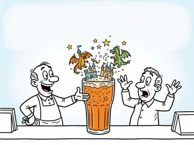En servitör överraskar en kund med en stor fantasifull Fanta i ett glas med svävande bubblor.