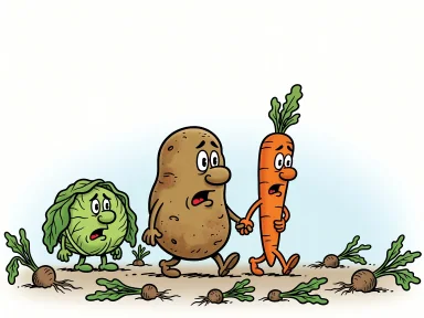 En potatis går hand i hand med en morot bort från en ledsen kål, med uppryckta växter på marken.