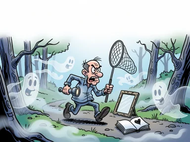 En tecknad man jagar spöken med nät och ficklampa i en dimmig skog.