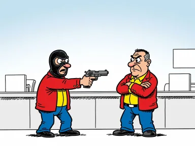 En maskerad rånare riktar en pistol mot en lugn man som står stadigt med armarna i kors.