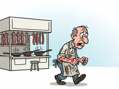 En tecknad man i förkläde kliar sig på röda ångande utslag utanför en butik med bacon och stekpannor.