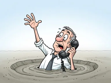 En tecknad man står nedsänkt i kvicksand upp till halsen och håller en telefonlur mot örat.