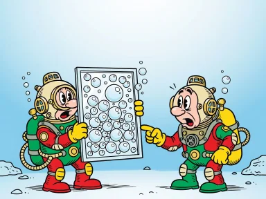 En tecknad säljare under vattnet visar upp ett fönster med bubblor i glaset för en kund.