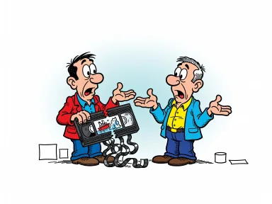 En tecknad figur håller ett sönderslaget videoband där filmen visar ett fartyg som träffar ett isberg.