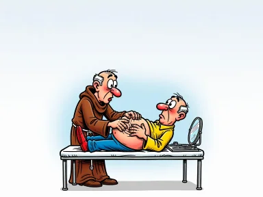 En munkliknande figur står vid ett operationsbord och viker ihop en patients mage med händerna.