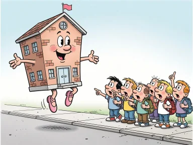 En skolbyggnad med balettskor dansar längs gatan medan barn tittar förvånat på.