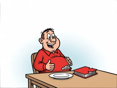 En glad figur vid ett bord med en halvätet röd bok och klappar sig på magen.