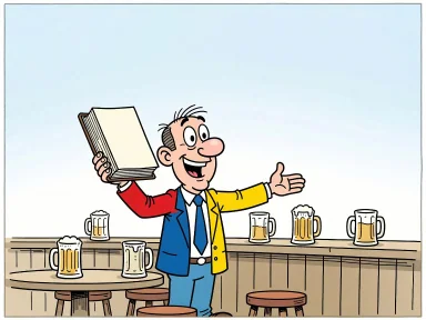 En glad man håller upp en stor bok bland flera ölstop och pekar på den med förvånad min.
