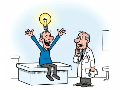 En person med en tänd glödlampa på huvudet sitter hos läkaren och ser glad och upplyst ut.