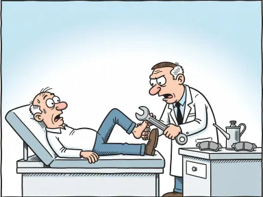 En patient ligger på undersökningsbordet hos läkaren som kontrollerar benet med verktyg bredvid en oljekanna.