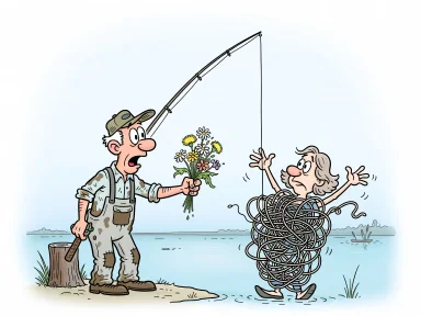 En tecknad fiskare står vid en sjö och håller fram en blombukett mot sin fiskelina som är intrasslad i en stor knut formad som en upptagen kvinna som viftar bort honom.
