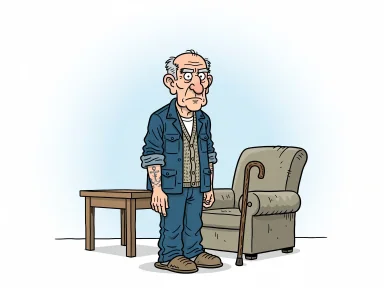 En gammal man står stel som en pinne i vardagsrummet med marinjacka och pensionärskläder.