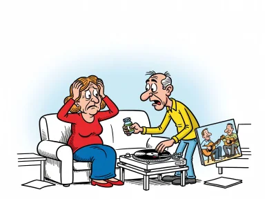 En man ger tabletter till sin fru som håller sig om huvudet och sätter på en skiva med en duo.