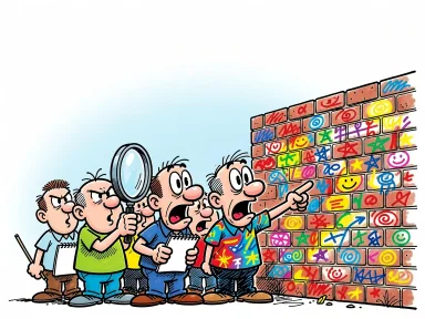 En samling figurer tittar på en vägg täckt av tecken och ritningar.
