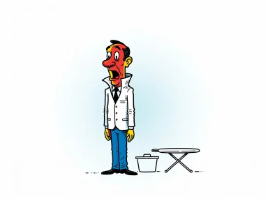 En figur som står stelt upprätt i stärkta kläder bredvid en tvättkorg.