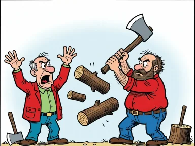 En arg man gestikulerar mot en skogshuggare som yxar i stockar som svävar i luften mellan dem.