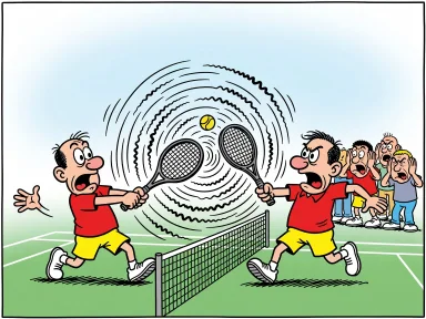 Två spelare på en tennisbana som svingar racketar medan kraftiga ljudvågor sprider sig och åskådare håller för öronen.