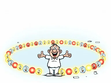 En glad tecknad figur står i starkt solljus och gestikulerar mot en ring av lysande klot som symboliserar ett helt år.