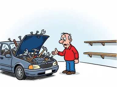 En man pekar förtvivlat mot sin bil vars öppna motorhuv är full med uppslukade verktyg från de tomma hyllorna.