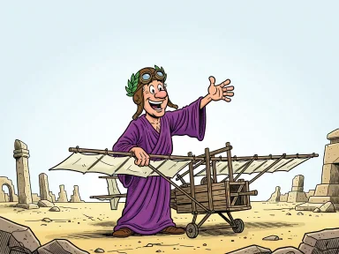 En man i antika dräkter med pilotglasögon står bredvid en träflygmaskin i ökenlandskap.