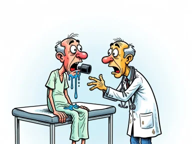 En patient med en bläckpatron i munnen och blått bläck som rinner ut, undersökt av en läkare.