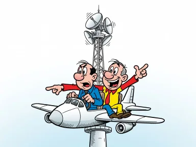 En tecknad bild av ett flygplan som flyger lågt under ett högt radartorn med en orolig pilot och en entusiastisk passagerare.