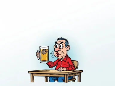 En tecknad person sitter vid ett bord och håller upp ett glas öl med en igelkott i, och grimaserar åt smaken.