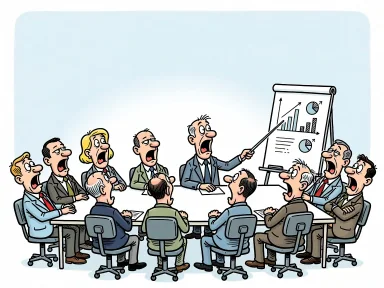 En samling personer som gäspar kraftigt runt ett konferensbord under ett möte.