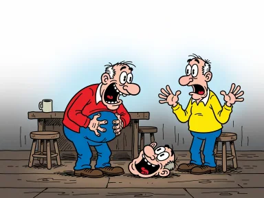En man i en pub skrattar så kraftigt att hans huvud rullar över golvet.