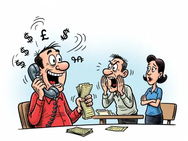 En man svarar glatt i telefon med lottsedlar i handen medan en annan person ropar och pekar mot en kvinna i närheten.