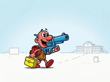 En liten revolver med armar och ben går till skolan med en matlåda.