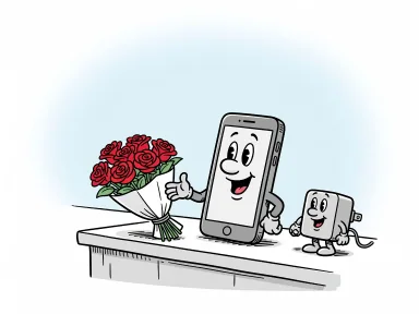 En tecknad mobiltelefonfigur pekar mot rosor i en blomsteraffär bredvid en laddare.