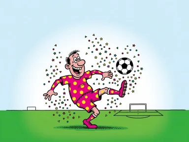 En rosa fotbollsspelare med gula prickar sparkar boll på en grön plan med konfettibitar runt omkring sig.