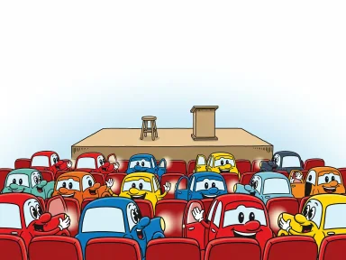 Rader av identiska bilar sitter i teaterpubliken och applåderar med dörrar och blinkers.
