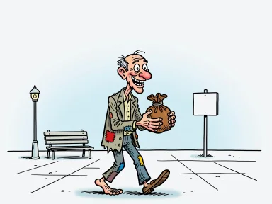 En mycket mager man i en lappad kostym går över ett torg och håller hårt i en fet pengapung med ett självbelåtet leende.
