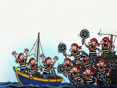 En båt på havet där passagerare ser förvånade ut medan likadana pirater med filmrullar klättrar ombord.