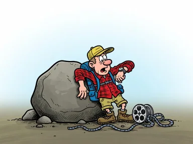 En fastklämd vandrare tittar förvånat på sin armbandsur bredvid en kort filmrulle.