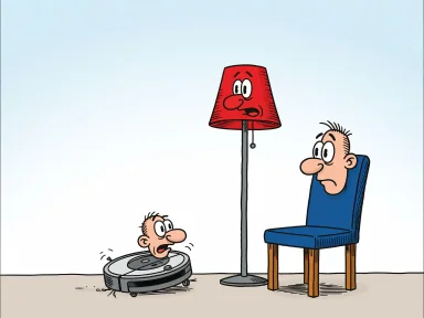 En robotdammsugare ligger omkull på golvet bredvid en lampa och en stol.