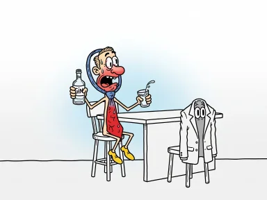 En slips sitter vid ett bord och dricker gin med berusat ansiktsuttryck.