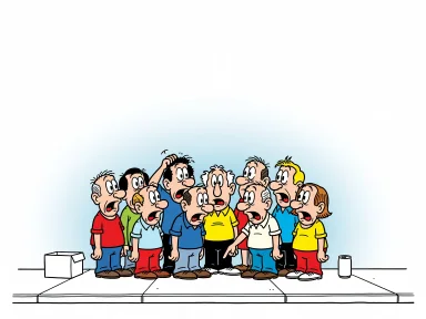 En samling personer står helt stilla med förvirrade miner på en gångstig.